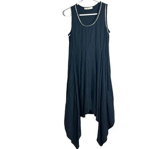 7115 by Szeki Navy Blue Asymmetrical Lagenlook Linen Midi Dress Size Medium